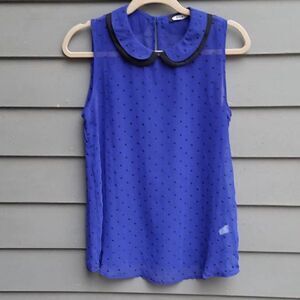 Kieu's Sheer Colbalt Blue w/Black Hearts Blouse Peter Pan Collar Size Medium